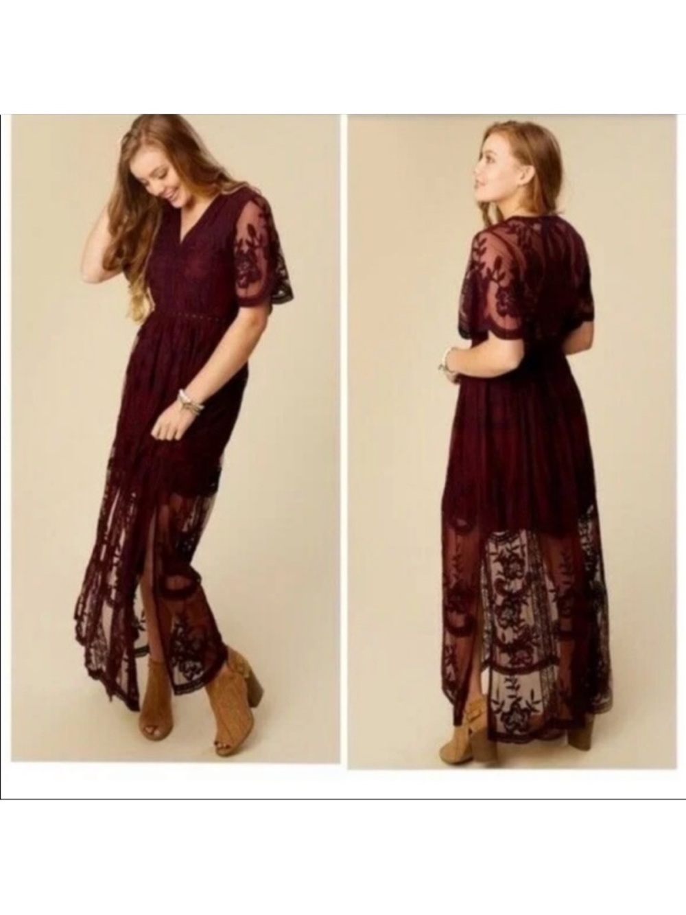 Altar'd State Burgundy Lace Short-Sleeve Maxi Dress
